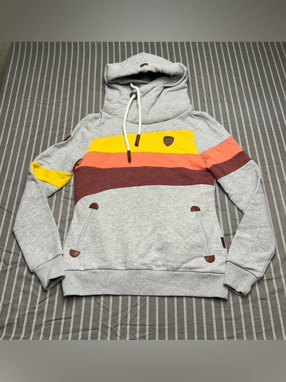 Wanakome Grey Hoodie with Yellow, Coral and Maroon Stripes